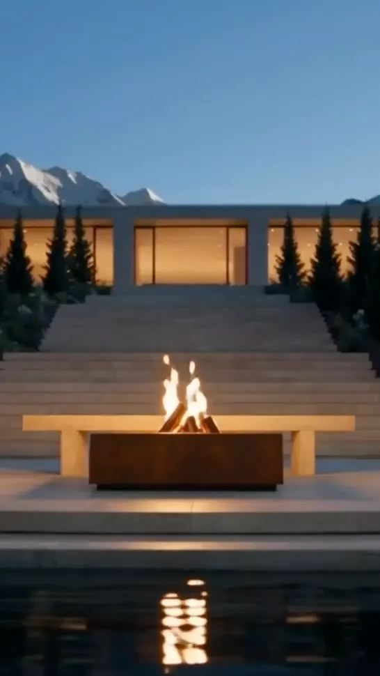 Table de feu Héphaïstos en acier Corten, flamme de bois au centre du plateau carré, au crépuscule