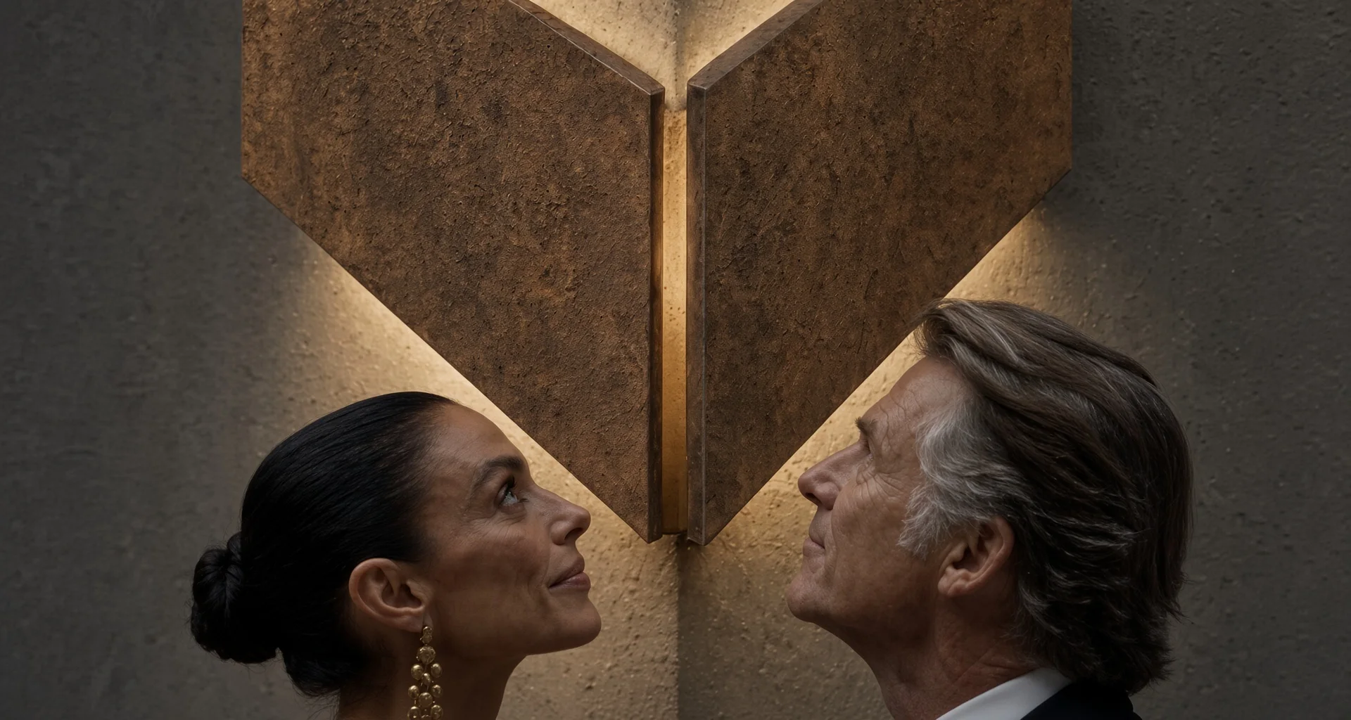 Applique Angle Dièdre en acier Corten éclairée sur un angle de mur, un homme et une femme levant les yeux vers elle