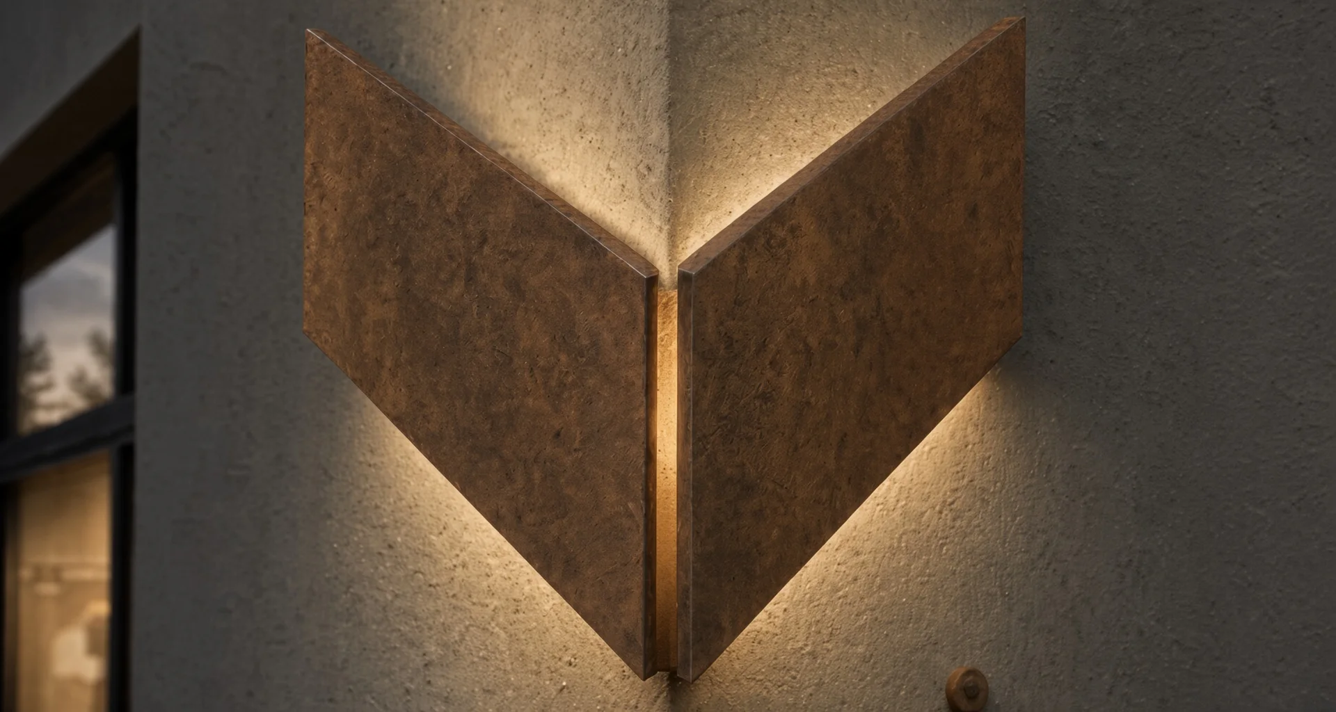 Applique Angle Dièdre en acier Corten éclairée, vue de face sur un angle de mur enduit