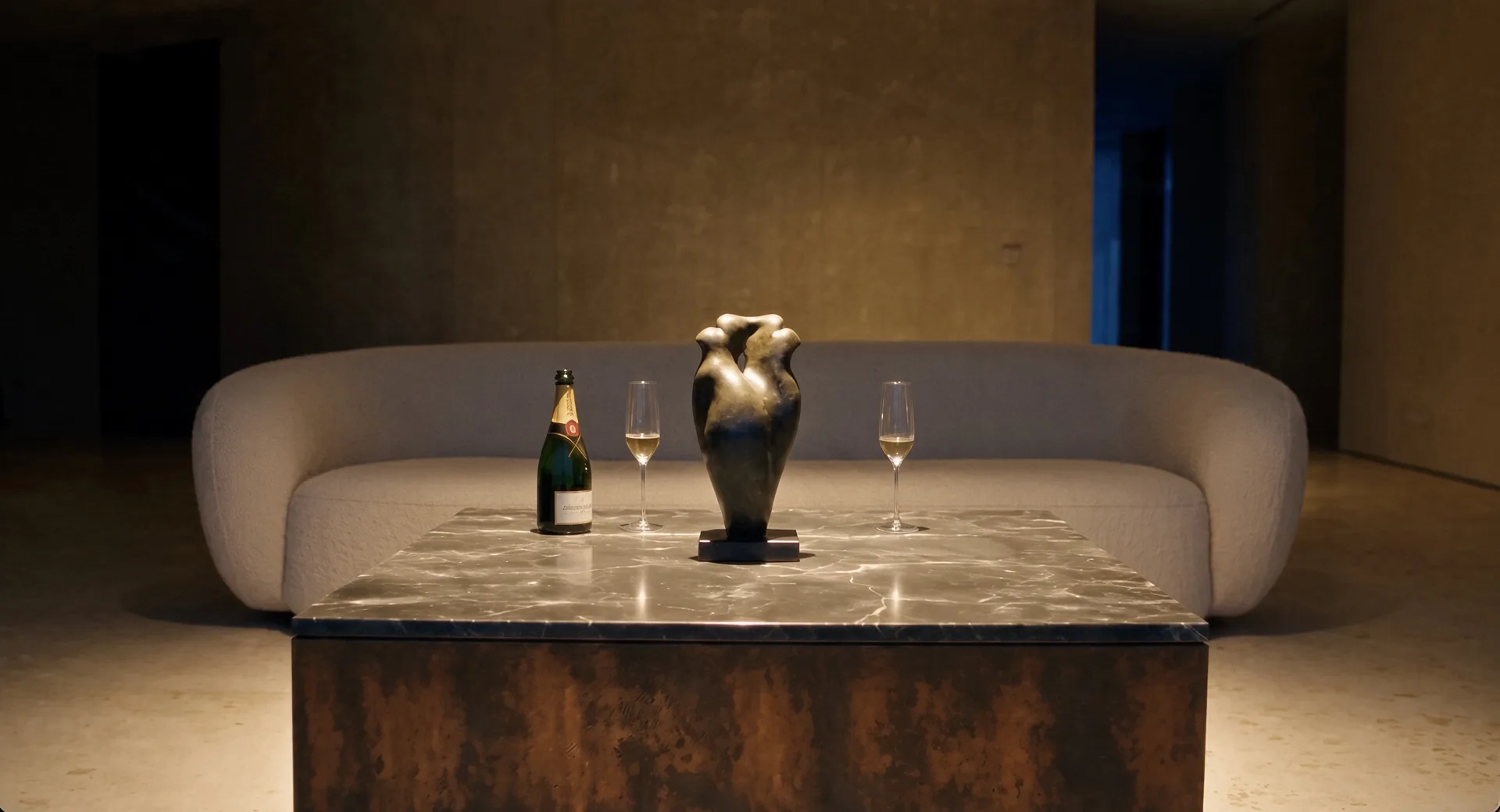 Dorian coffee table in Corten steel, front view, before a curved ecru sofa, with champagne, glasses and a vase