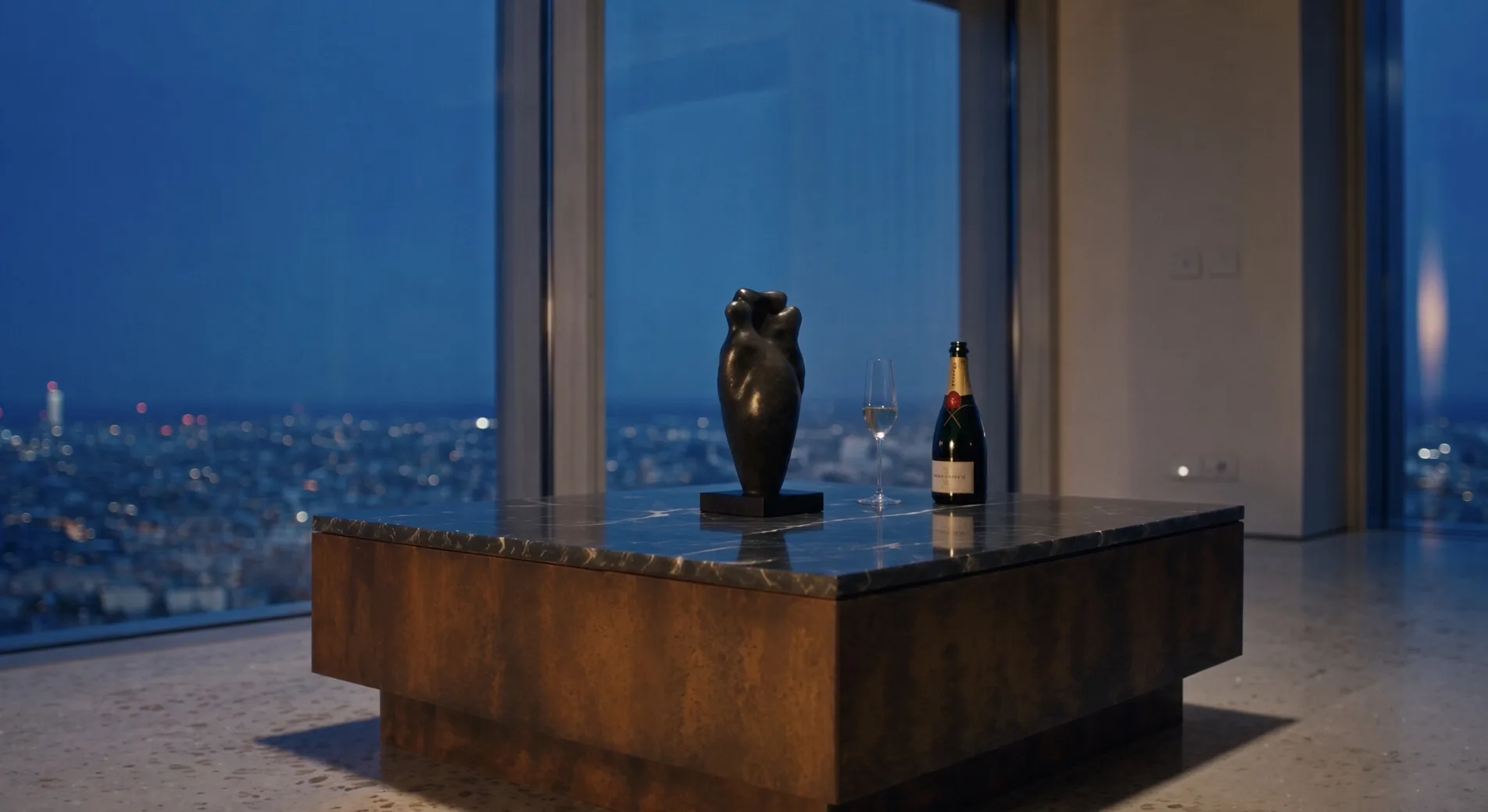 Table basse Dorian en acier Corten devant une baie vitrée dominant une ville illuminée à la nuit tombante