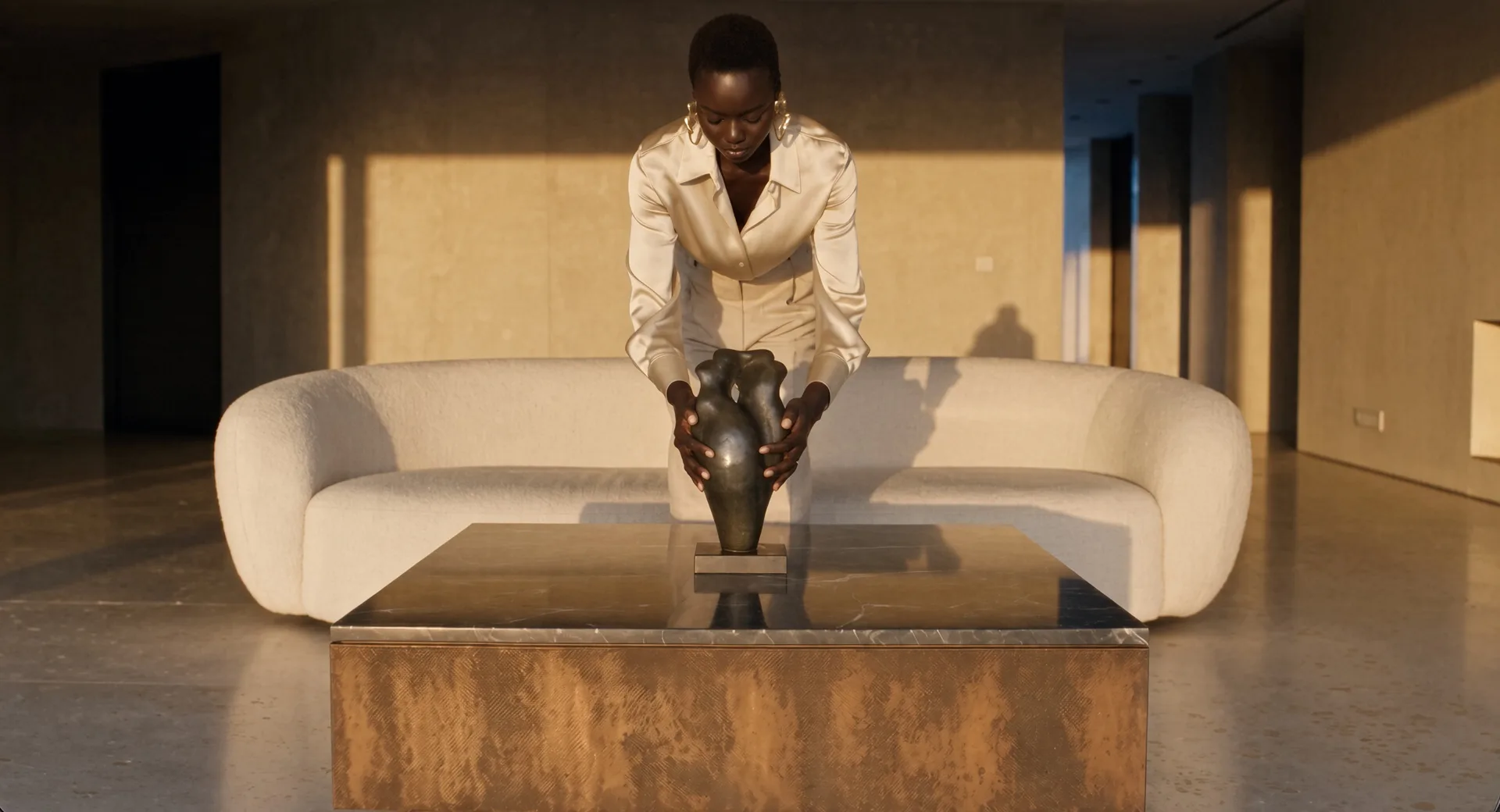 Dorian coffee table in Corten steel, a woman in a white suit placing a dark vase on it, ecru sofa behind