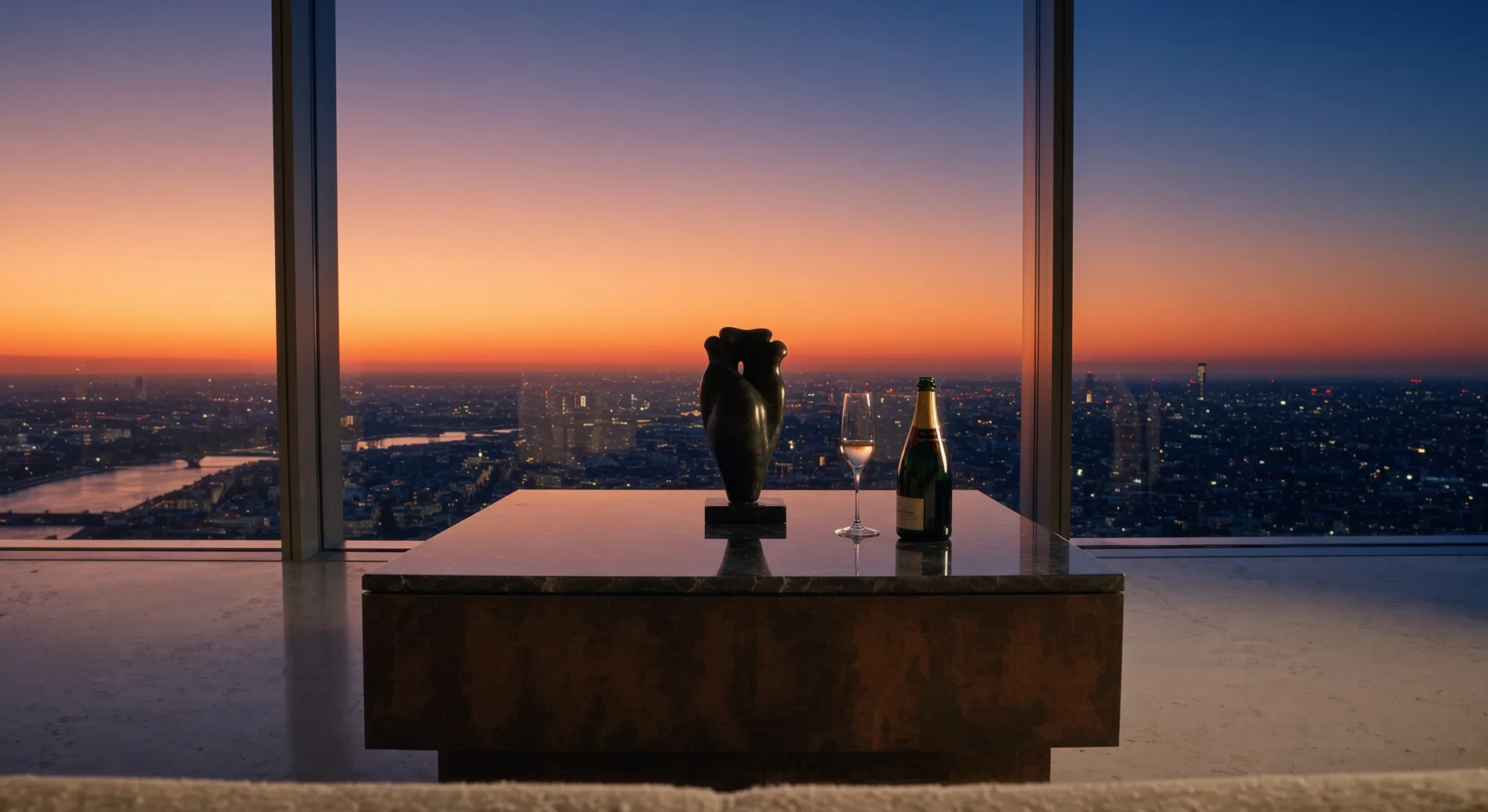 Dorian coffee table in Corten steel silhouetted against glazing, sunset over a city