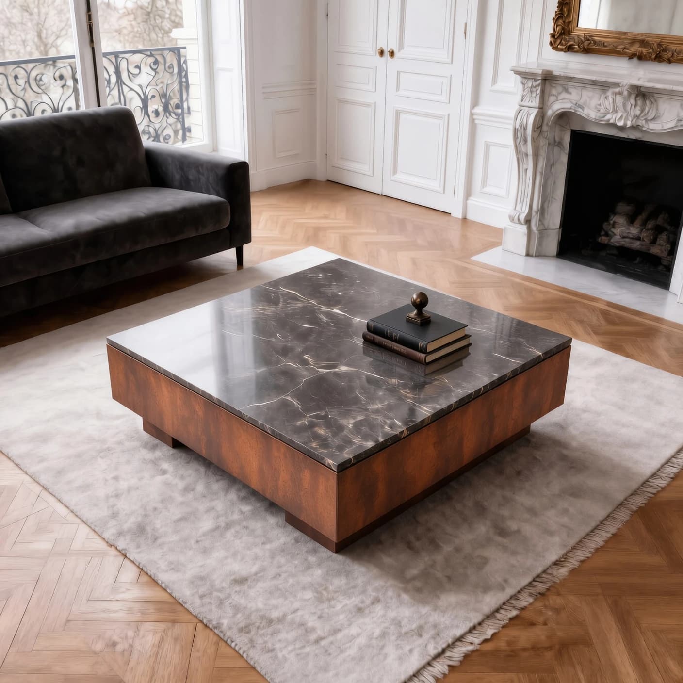 Table basse Dorian en acier Corten et marbre noir sur un tapis dans un salon haussmannien