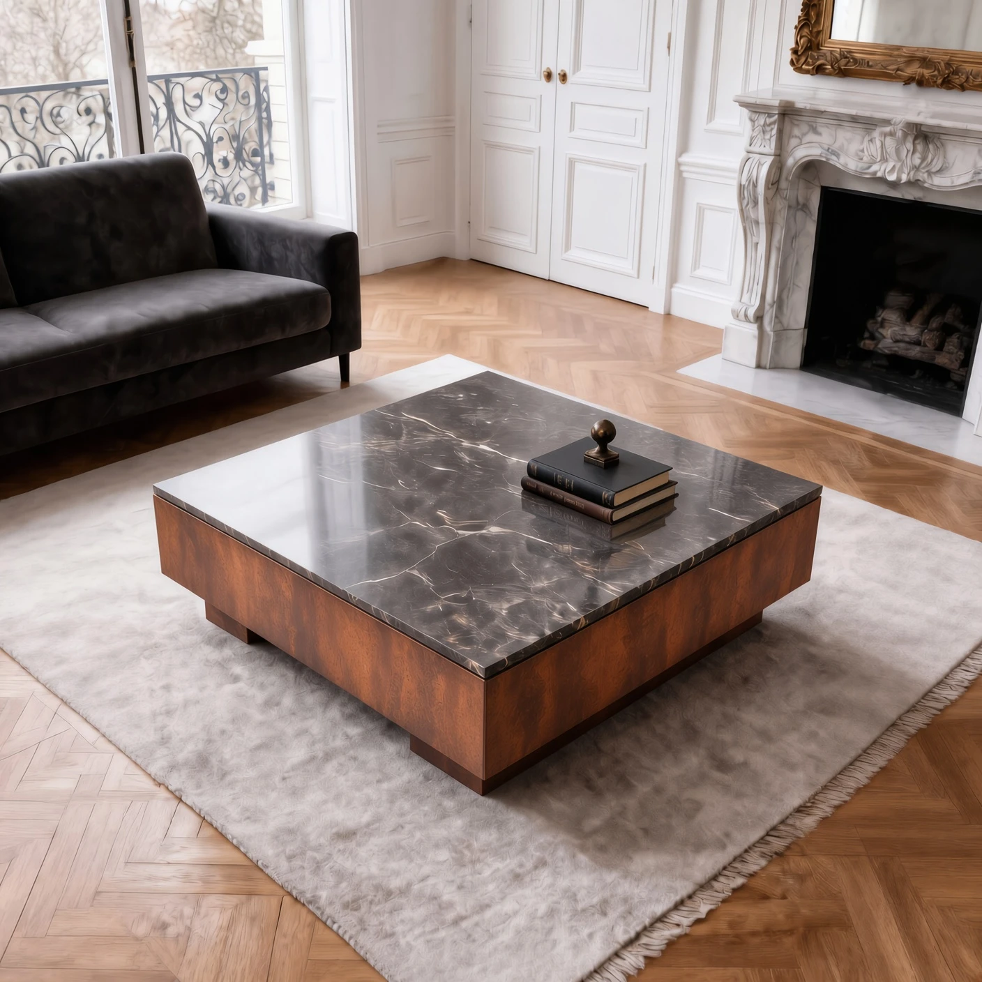 Table basse Dorian, acier Corten et marbre