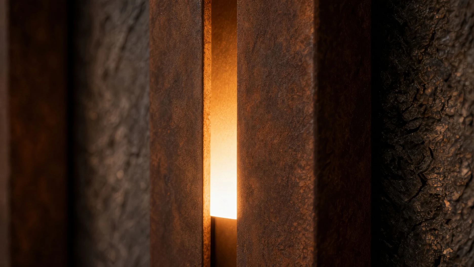 Gros plan sur la fente lumineuse et la patine de l'applique Eos en acier Corten