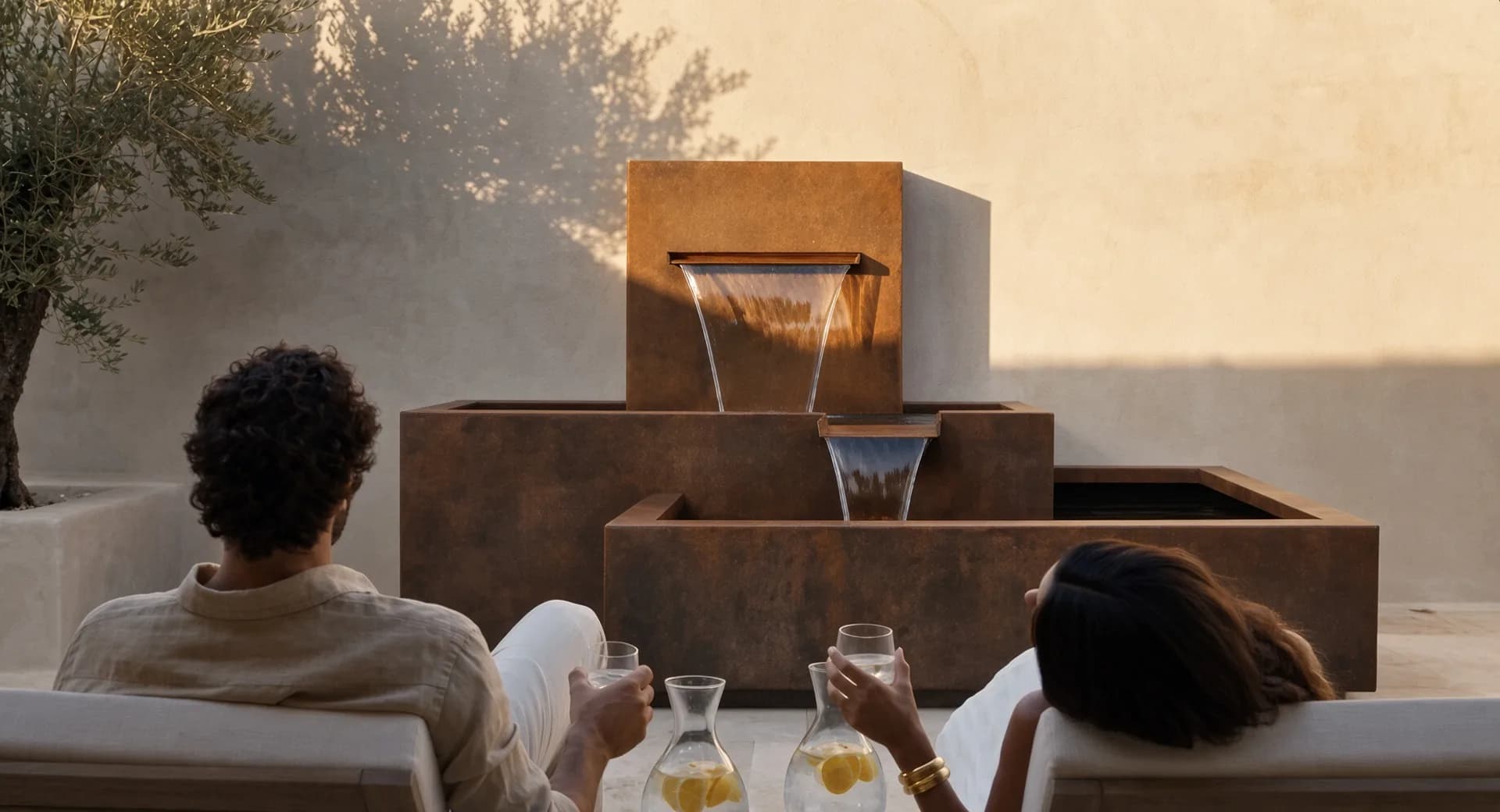 Nereida · Fontaine cascade à deux niveaux en acier Corten, finition