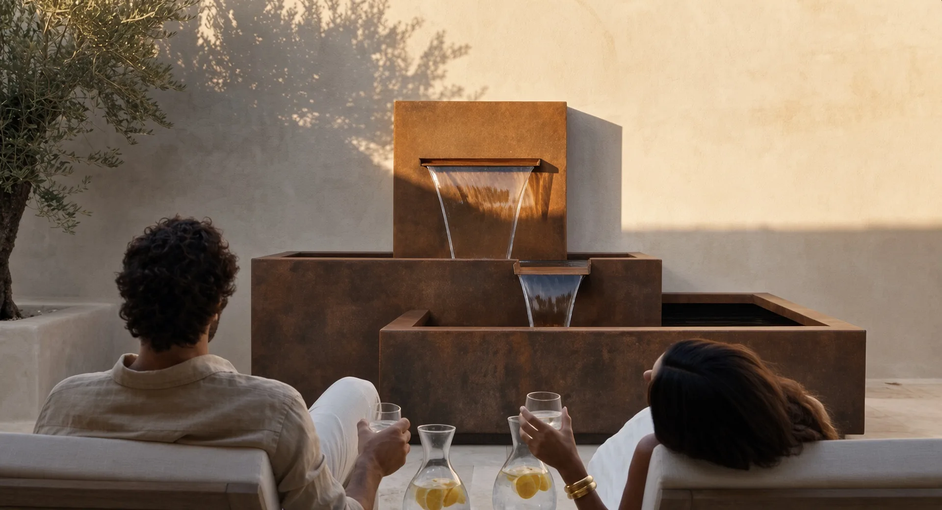 Fontaine cascade Nereida en acier Corten sur un patio, un couple détendu sur un canapé au premier plan, lumière dorée