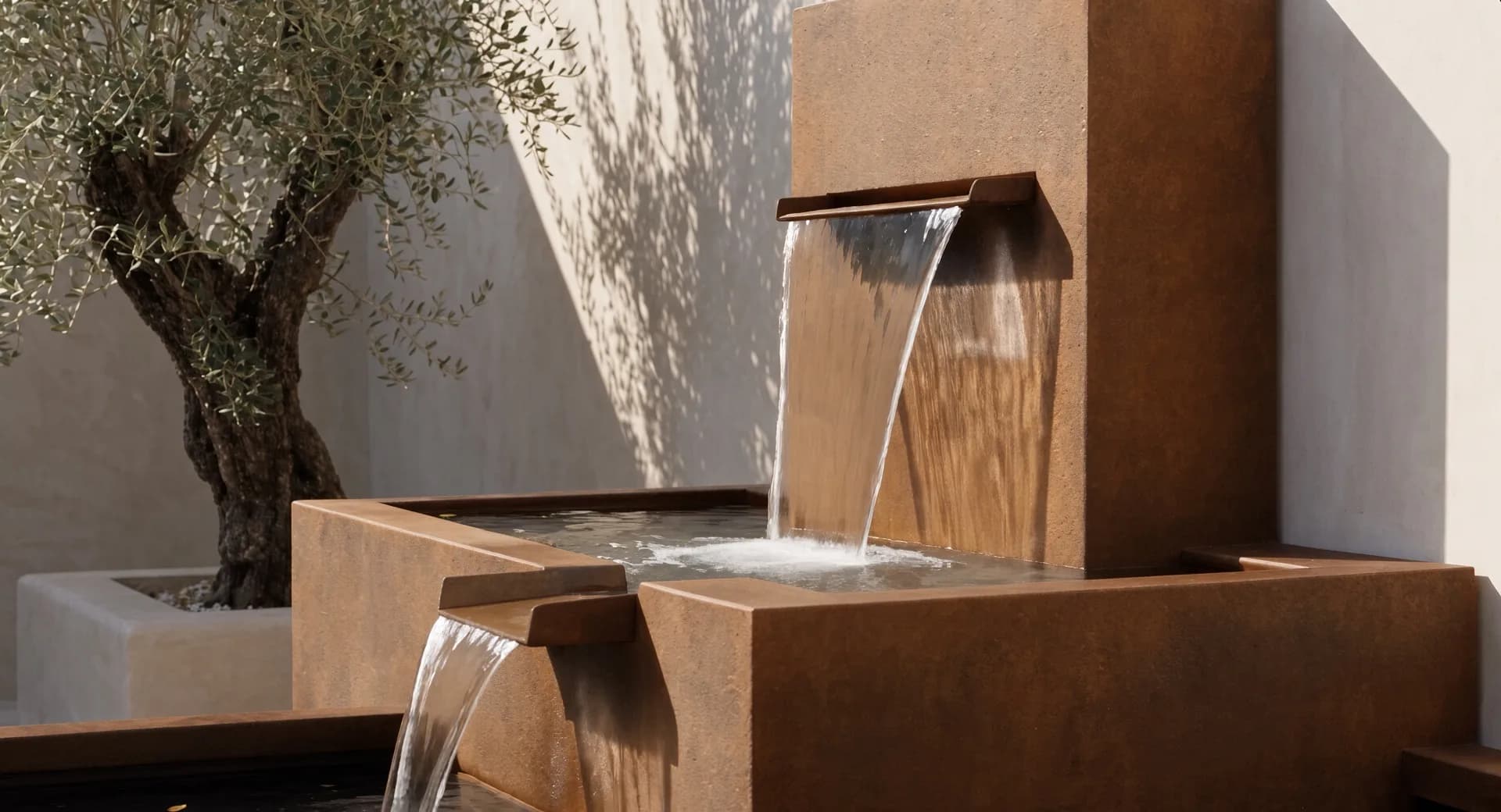 Nereida · Fontaine cascade à deux niveaux en acier Corten, détail