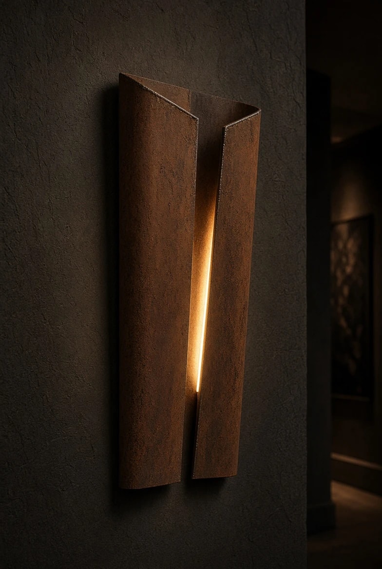 Applique Nérite en acier Corten allumée, vue de trois quarts sur un mur sombre, cadrage vertical