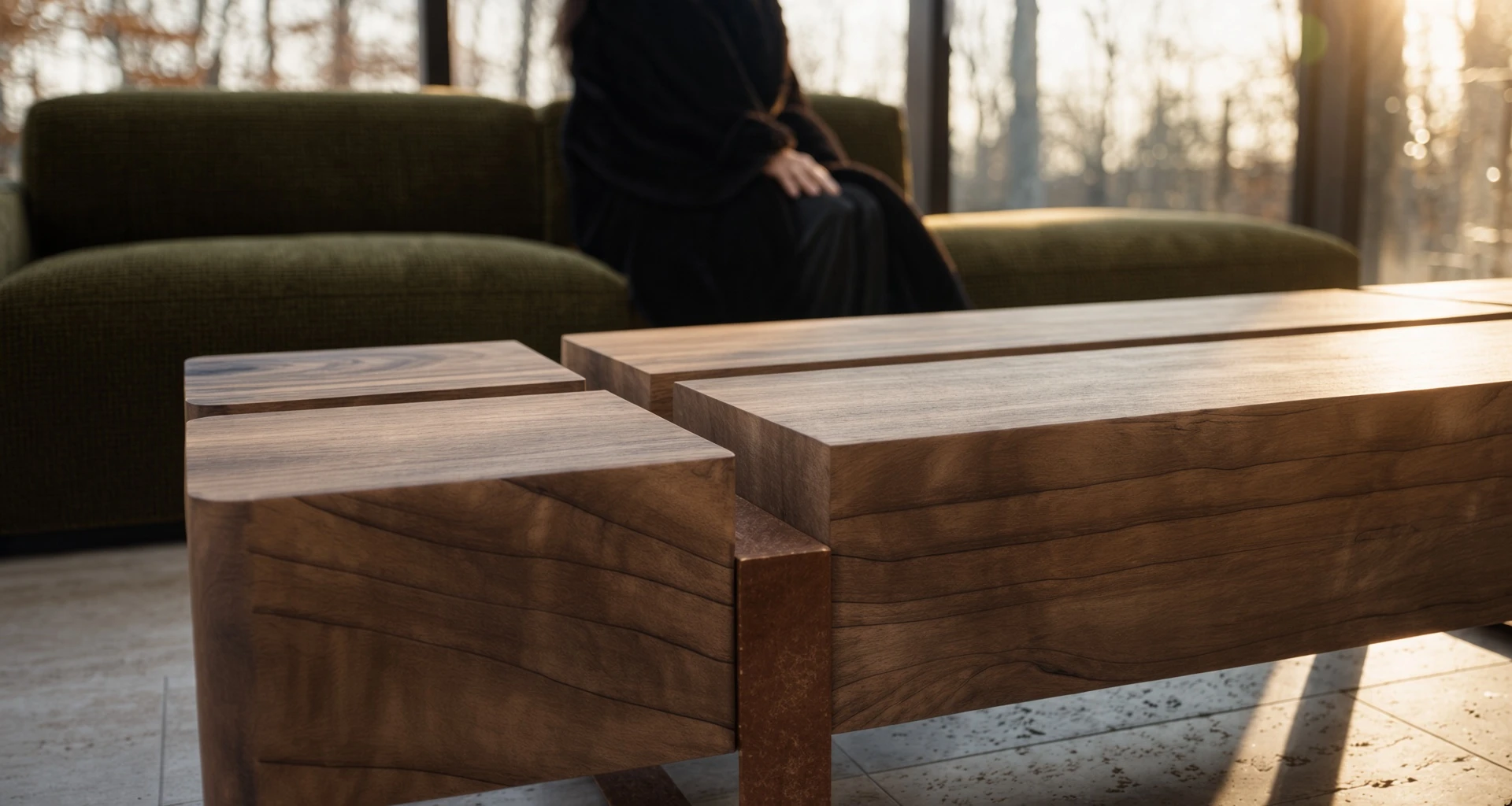 Gros plan de la table basse Silas en acier Corten, poutres de bois et pied, devant un canapé en velours vert