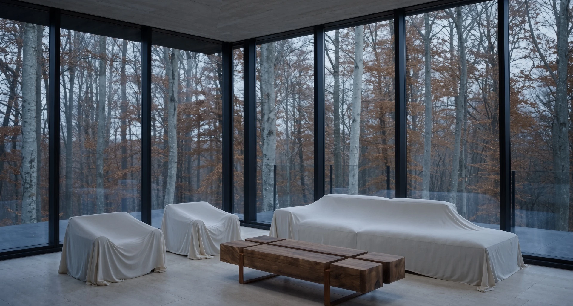Table basse Silas en acier Corten dans un pavillon vitré en forêt, entre des sièges couverts de draps blancs