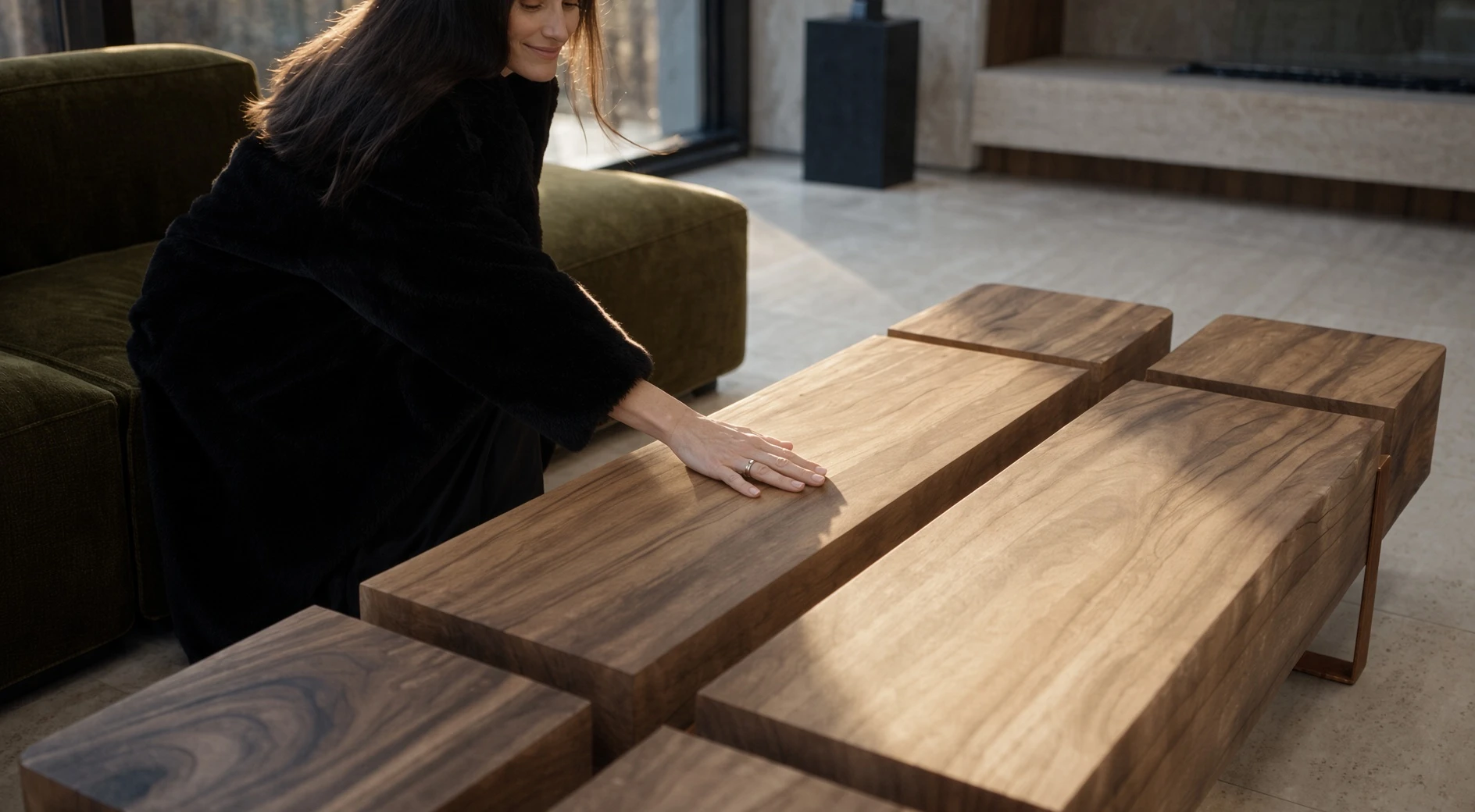 Table basse Silas en acier Corten, une femme en manteau noir posant la main sur ses poutres de bois