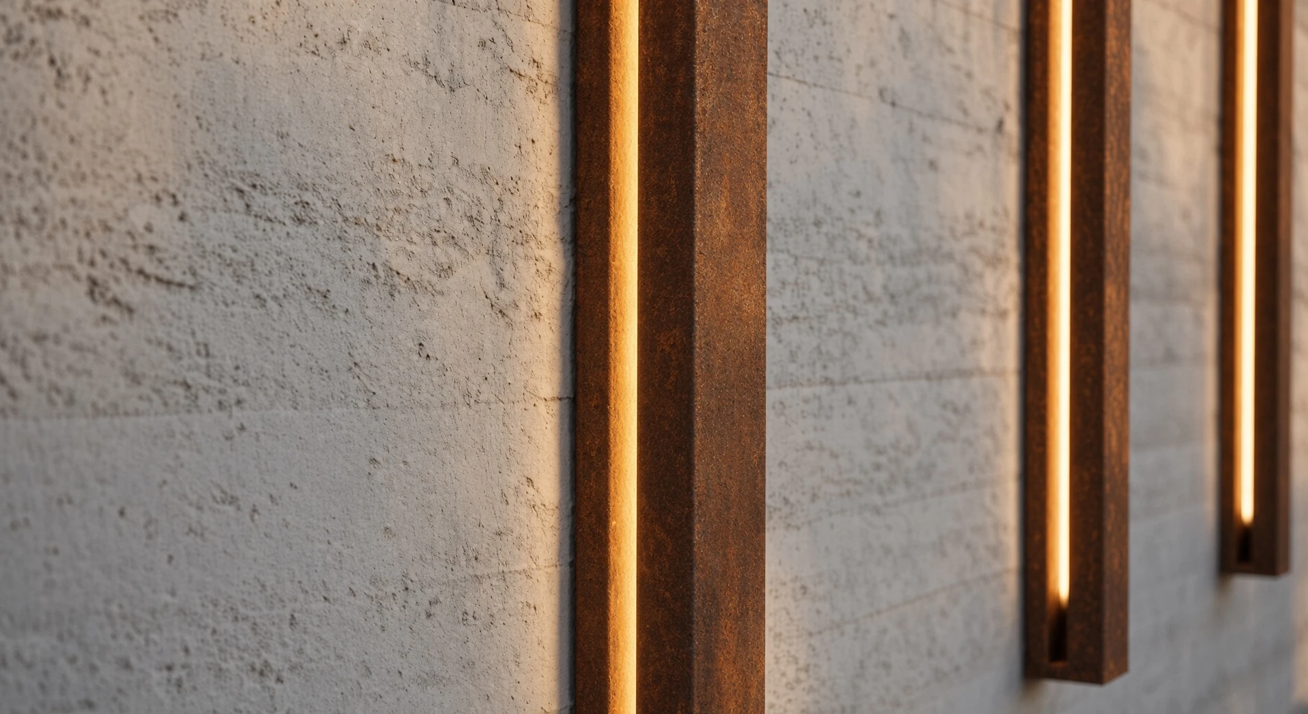 Gros plan en perspective sur trois appliques Solan en acier Corten allumées sur un mur clair texturé