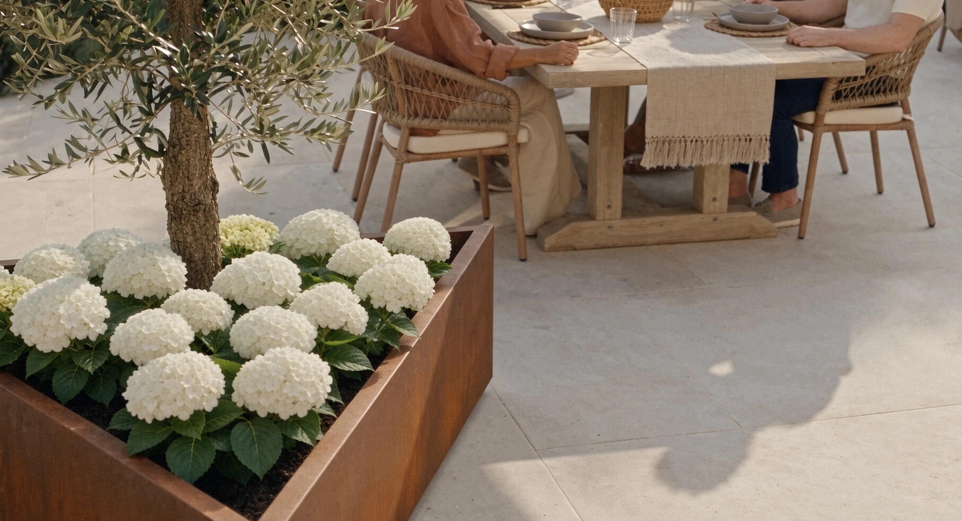 Jardinière triangulaire Iris en acier Corten avec olivier et hortensias blancs, vue en plongée près d'une table dressée