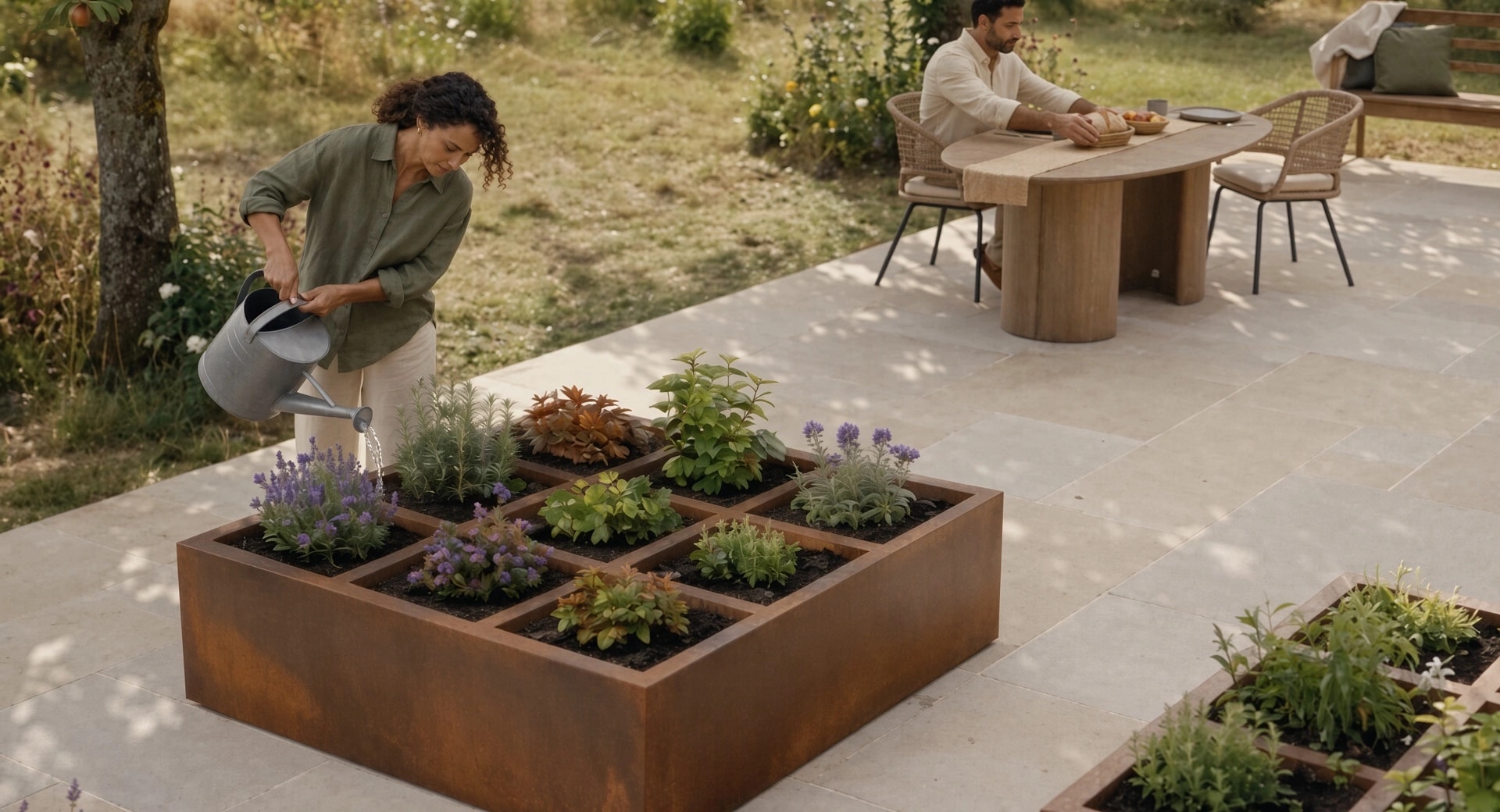 Femme arrosant les aromatiques de la jardinière Maïa en acier Corten sur une terrasse dallée, homme attablé derrière