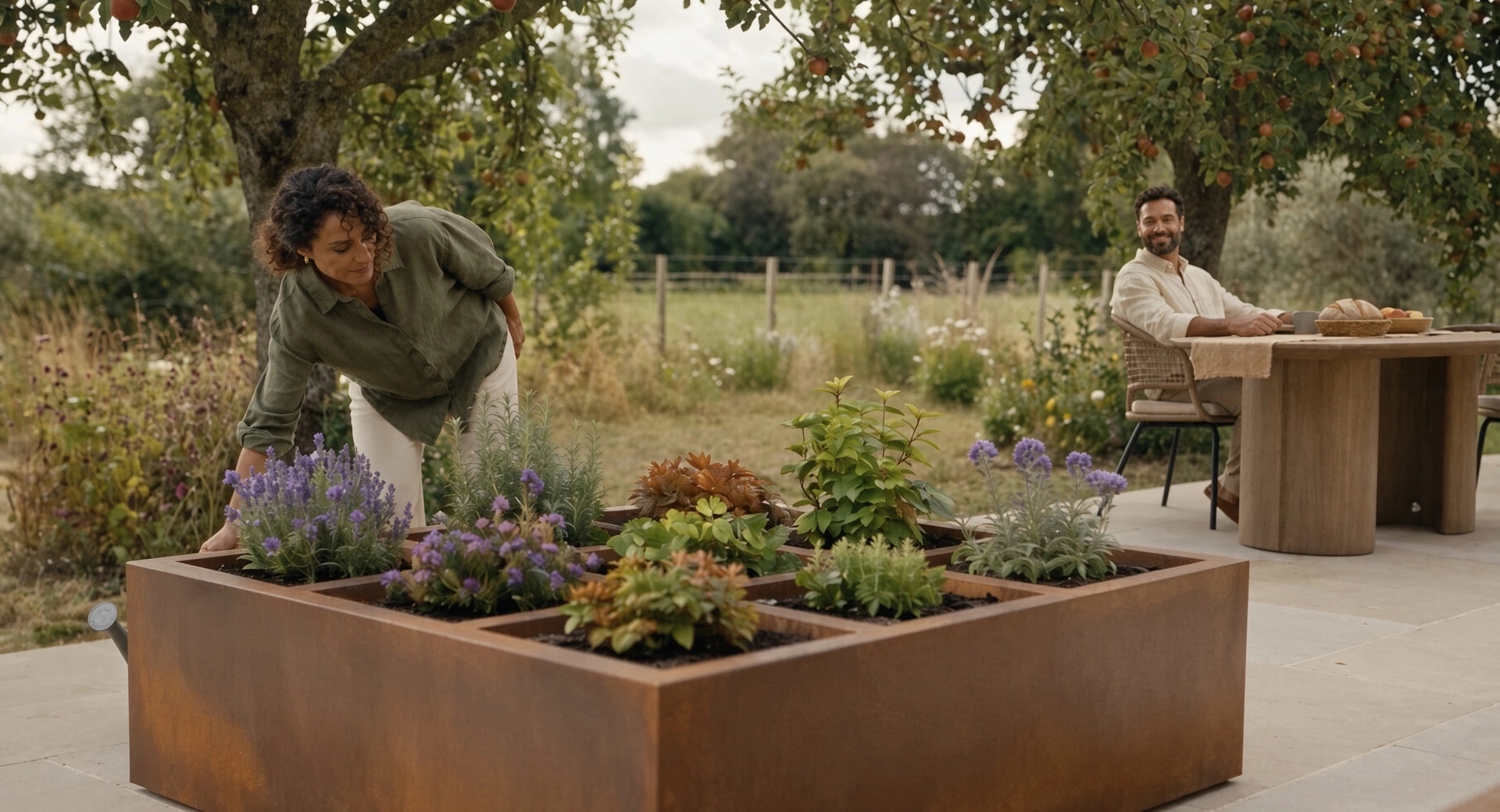 Femme se penchant sur les plantes de la jardinière Maïa en acier Corten, homme attablé et verger en arrière-plan