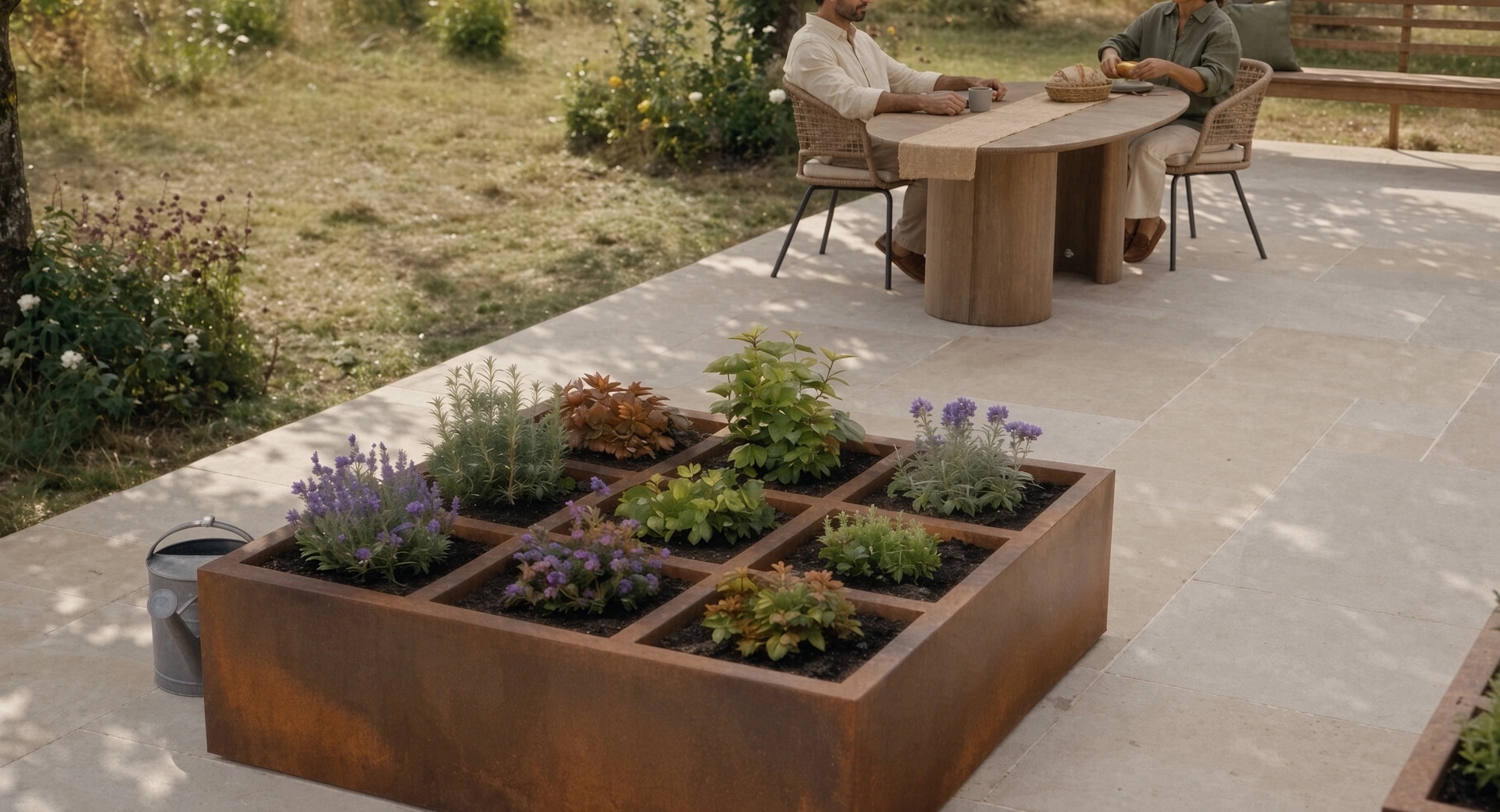 Jardinière Maïa en acier Corten plantée d'aromatiques sur une terrasse dallée, arrosoir posé à côté