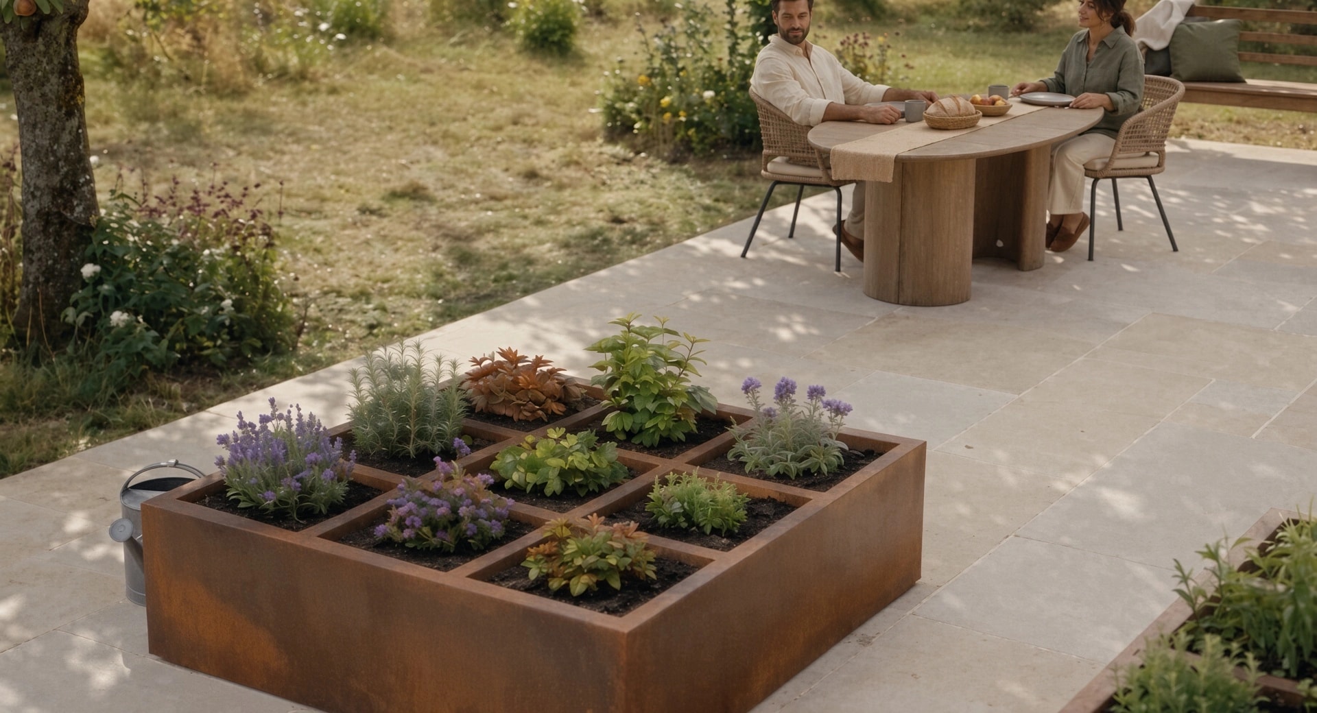 Jardinière Maïa en acier Corten au bord d'une terrasse dallée, deux personnes attablées en arrière-plan
