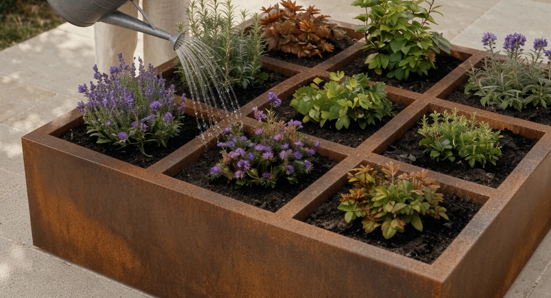 Arrosage des aromatiques de la jardinière Maïa en acier Corten, gros plan sur le bec de l'arrosoir