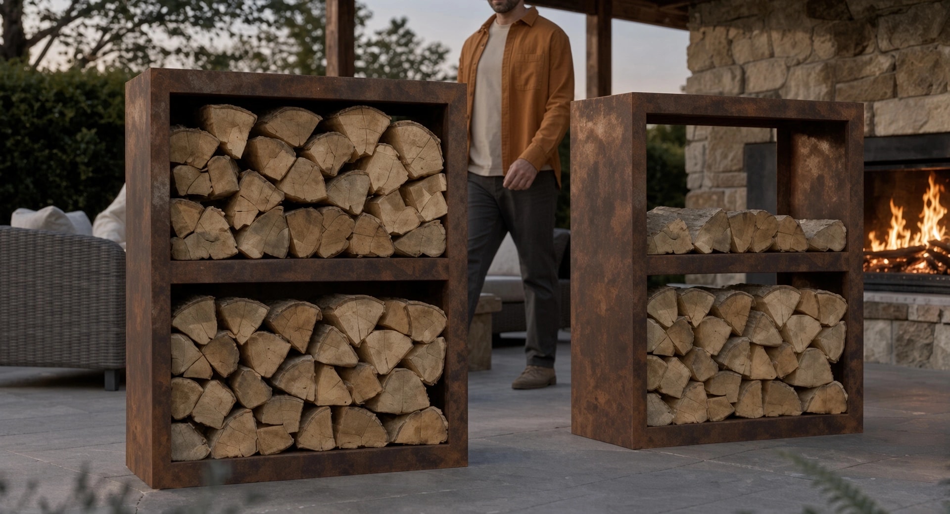 Two 2-tier Corten steel log stores filled with logs on a terrace, near a lit outdoor fireplace