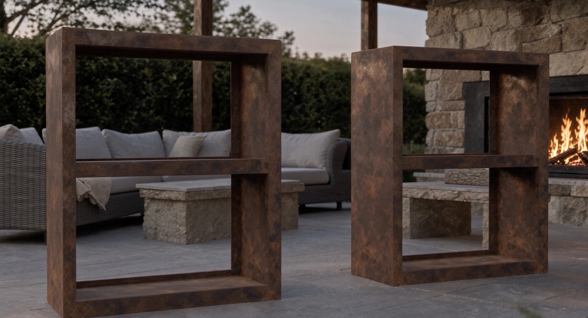 Two empty 2-tier Corten steel firewood racks on a terrace, outdoor lounge and a lit fireplace behind