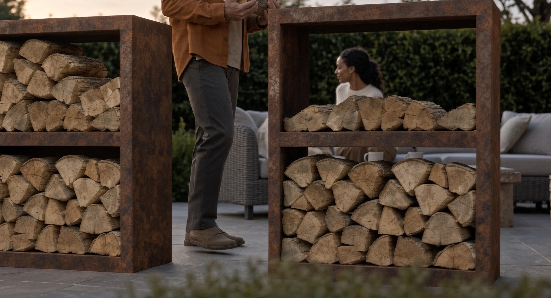 Two 2-tier Corten steel firewood racks full of logs, a man walking between them, terrace in the evening