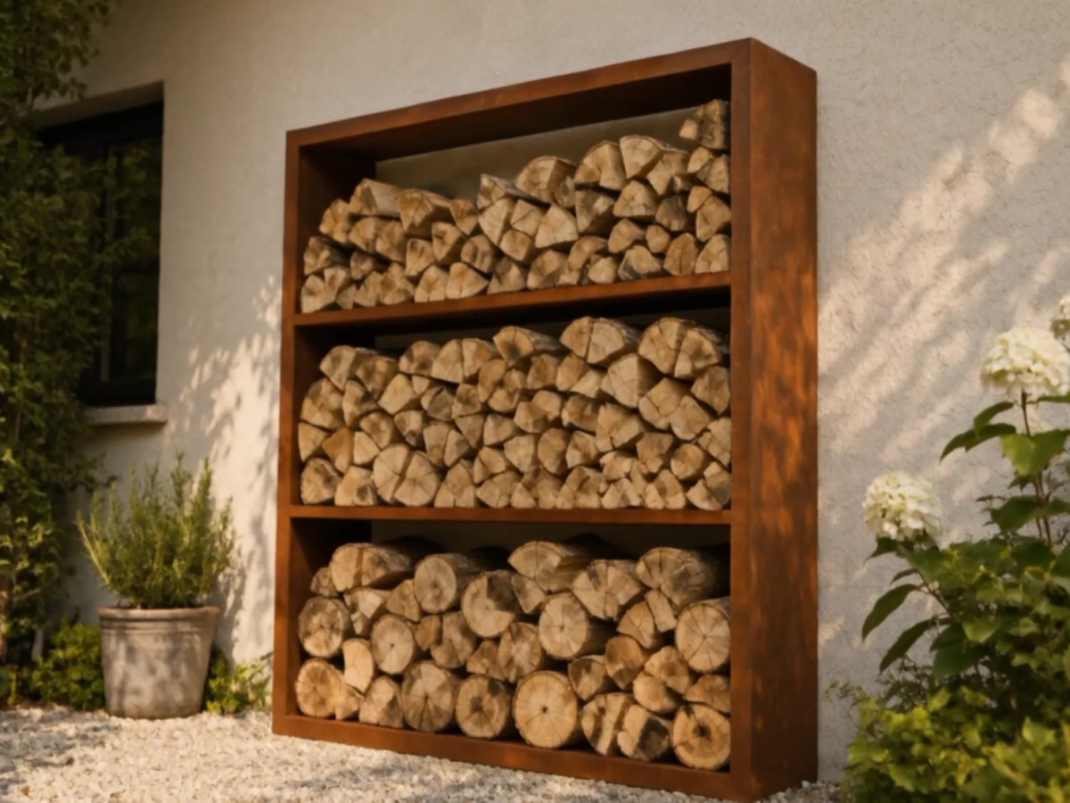3-Tier Log Rack · Large three-tier firewood rack in Corten steel