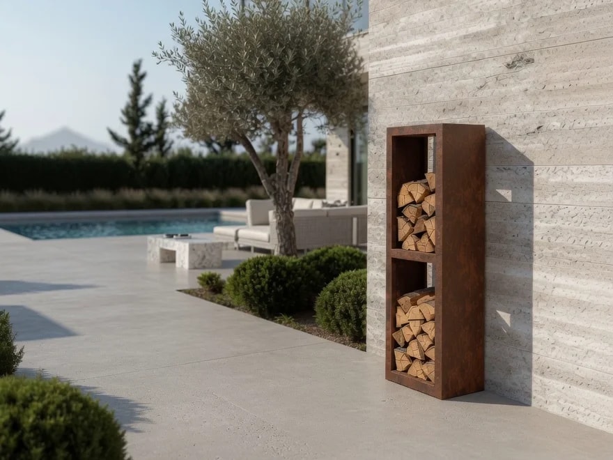 2-story column · Vertical two-tier firewood rack in Corten steel