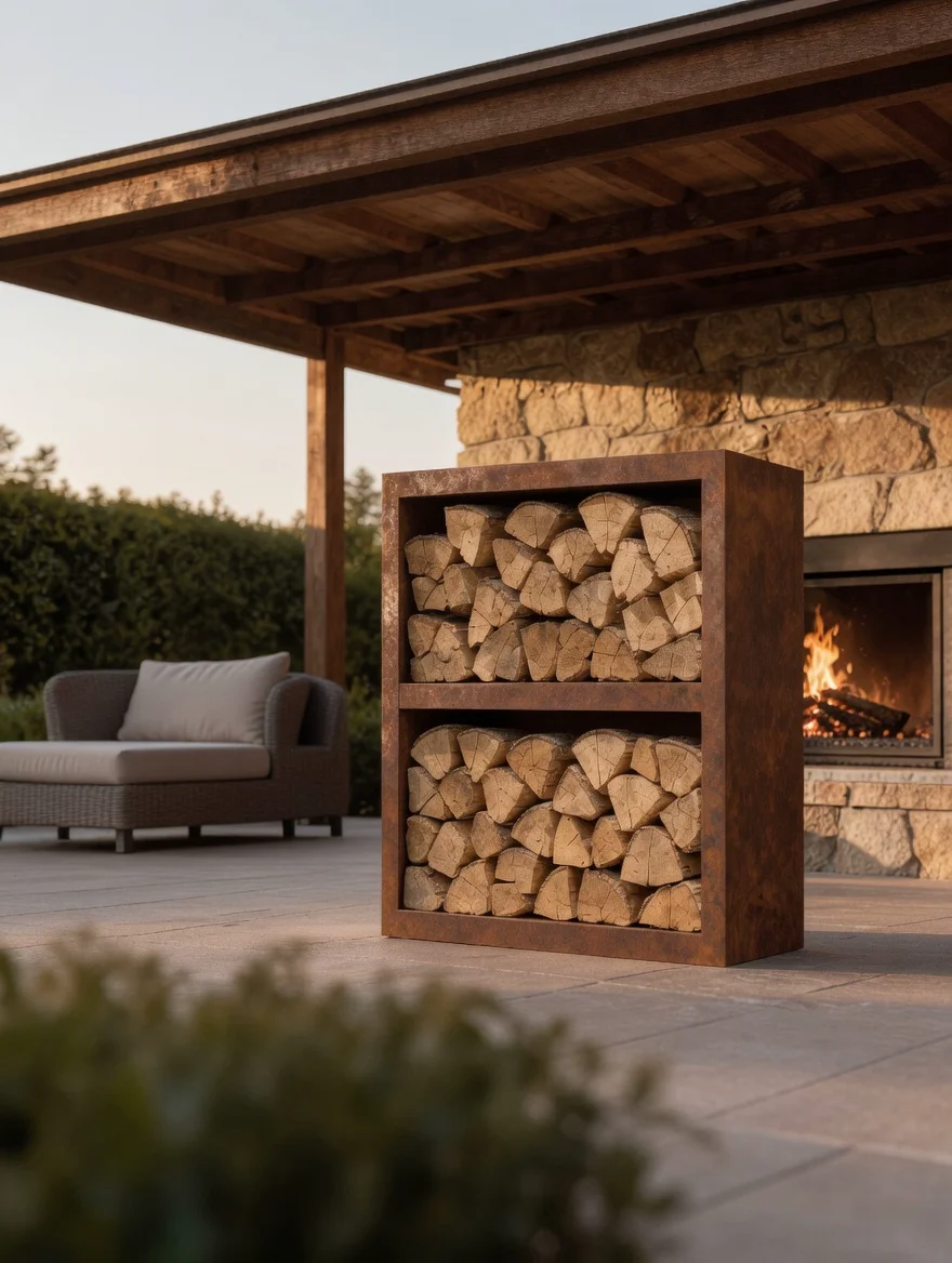 2-tier Corten steel log store, wide view on a covered terrace with outdoor sofa and lit fireplace