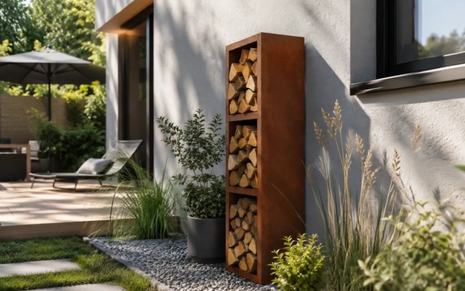 Vertical 3-tier Corten steel firewood rack against a pale wall, with a terrace and parasol behind