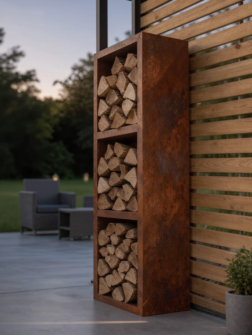 Range-bûches vertical en acier Corten à 3 niveaux contre un claustra en bois au crépuscule, vue de trois quarts