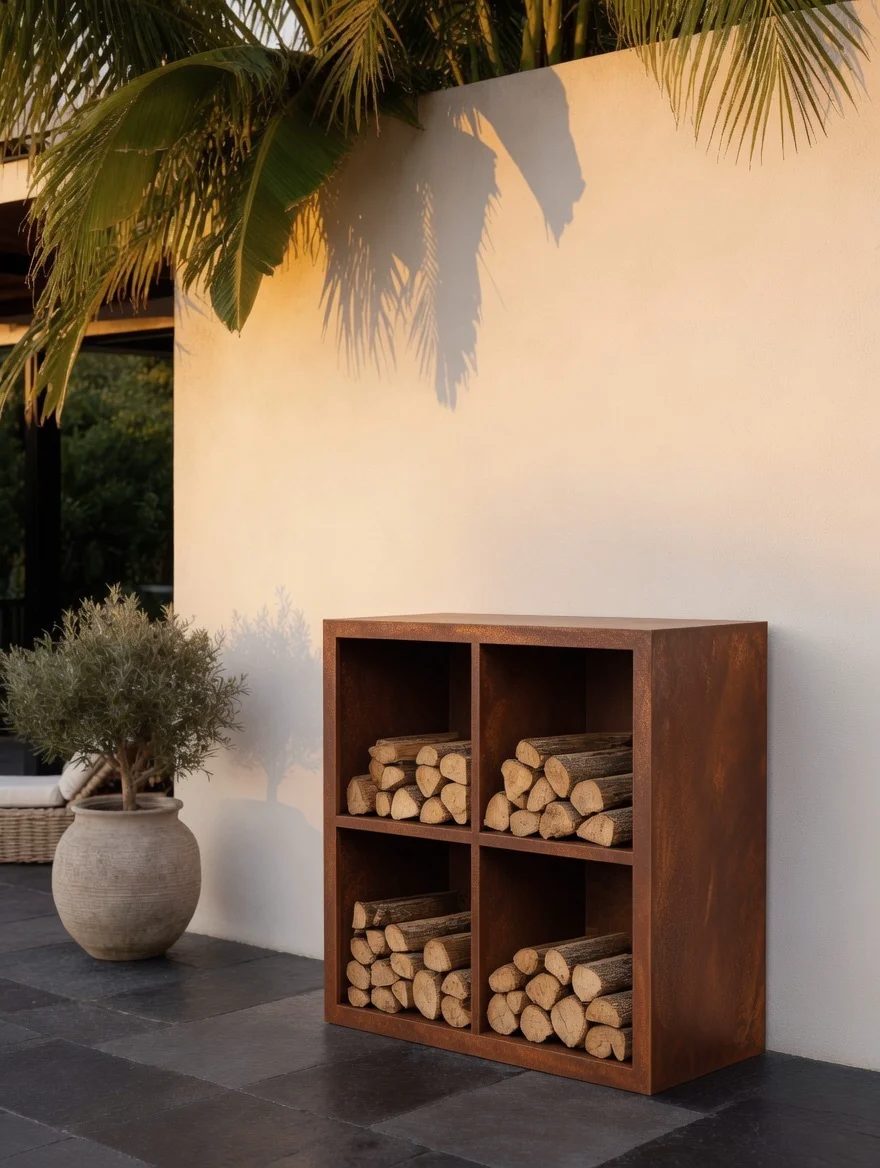 Corten steel log store with 4 compartments against a cream wall beneath palm fronds, a potted olive tree beside it
