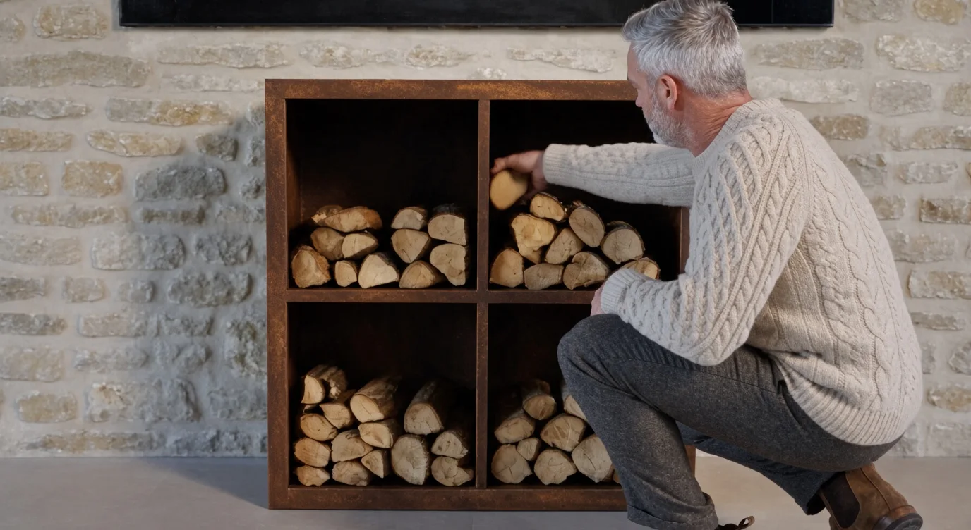 Man crouching to take a log from the Corten steel firewood rack with 4 compartments, against a stone wall