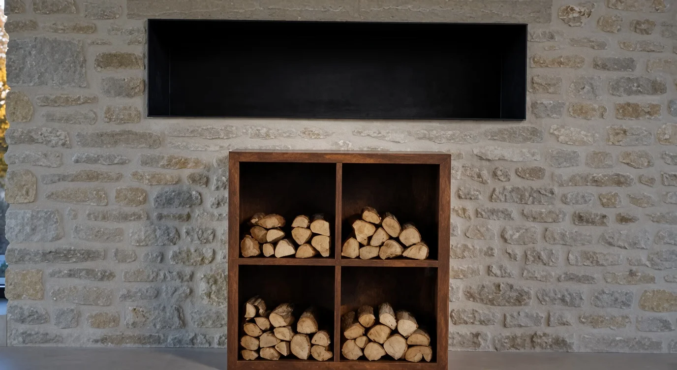 Corten steel firewood rack with 4 compartments beneath an unlit built-in fireplace in a stone wall