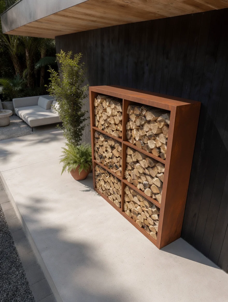 Corten steel firewood rack with 6 compartments beneath a timber roof overhang, outdoor sofas in the background