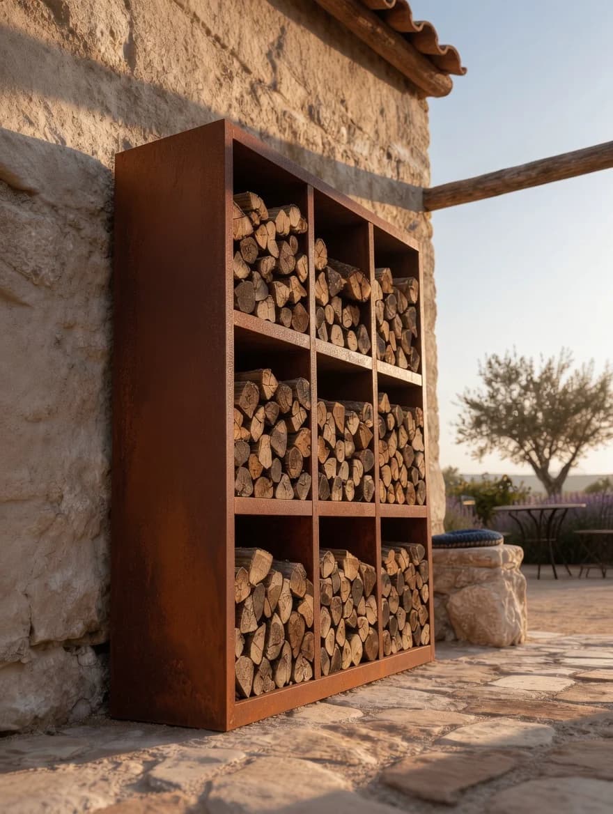 Holzregal mit 9 Fächern aus Cortenstahl
