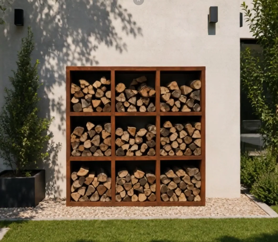 Corten steel firewood rack with 9 compartments, front view between two wall lights, a conifer in a planter on the left