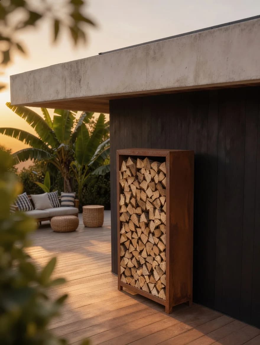 Porta-ceppi con telaio su piedini in acciaio Corten