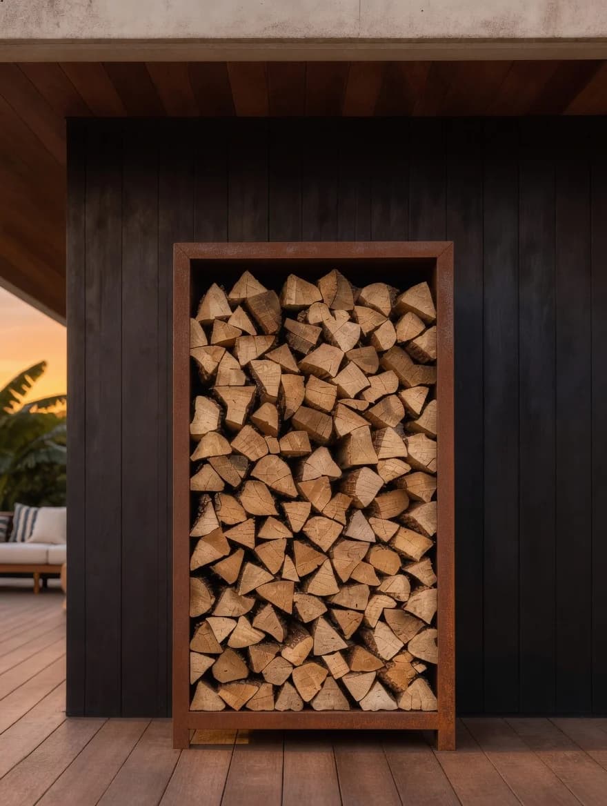Porta-ceppi con telaio su piedini in acciaio Corten