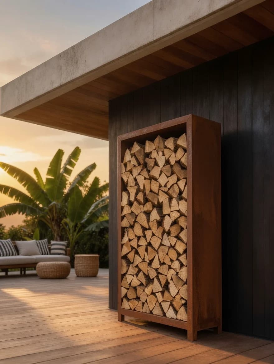 Porta-ceppi con telaio su piedini in acciaio Corten