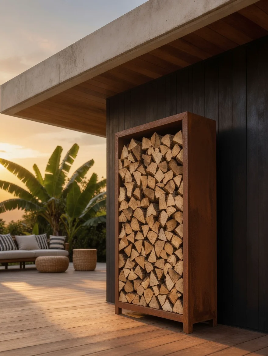Range-bûches en acier Corten sur pieds vu de trois quarts, bananiers et banquette de terrasse au couchant