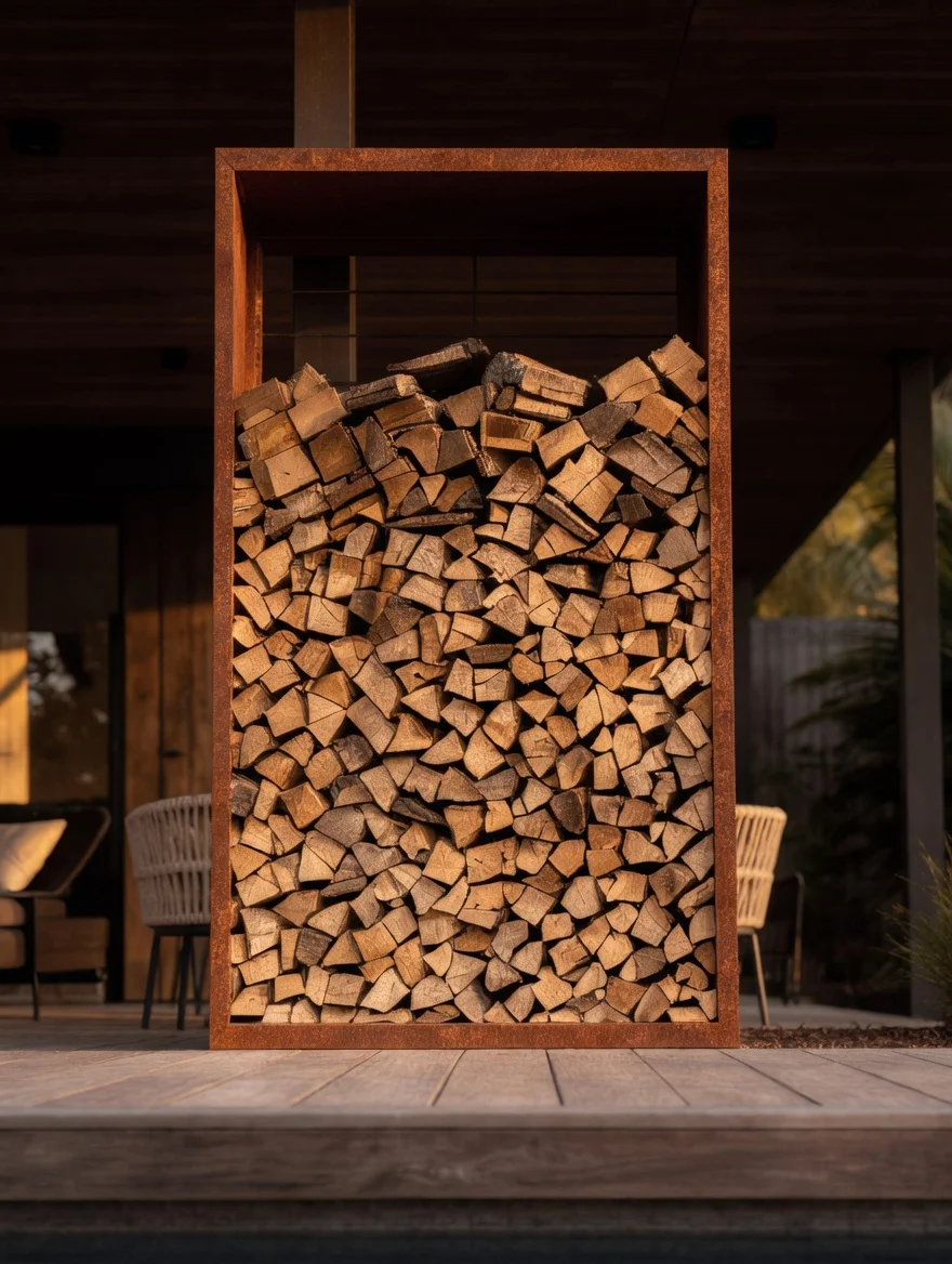 Range-bûches en acier Corten sans pied, vue de face sous un abri en bois sombre, fauteuils tressés autour