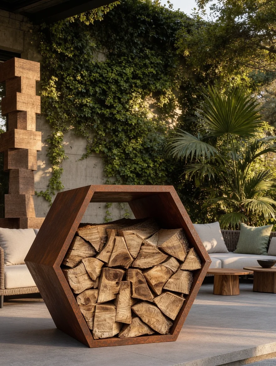 Range-bûches hexagonal Sylvain en acier Corten rempli de bûches, sur une terrasse avec salon de jardin