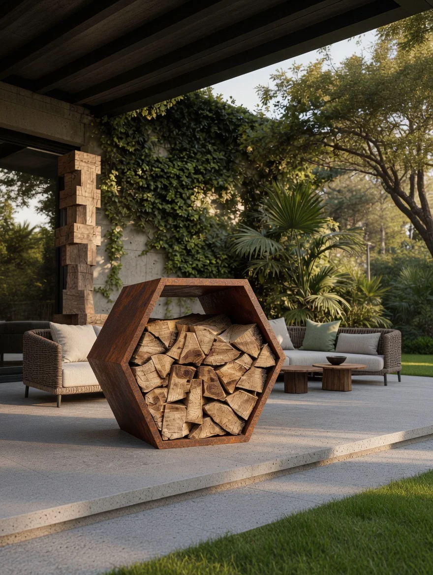 Range-bûches hexagonal Sylvain en acier Corten au bord d'une terrasse couverte, face à la pelouse