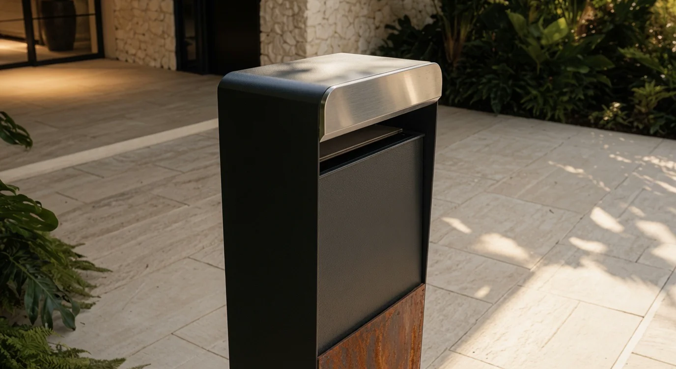 Détail du haut de la boîte aux lettres Limentis en acier Corten et de sa fente, sur un parvis dallé ensoleillé