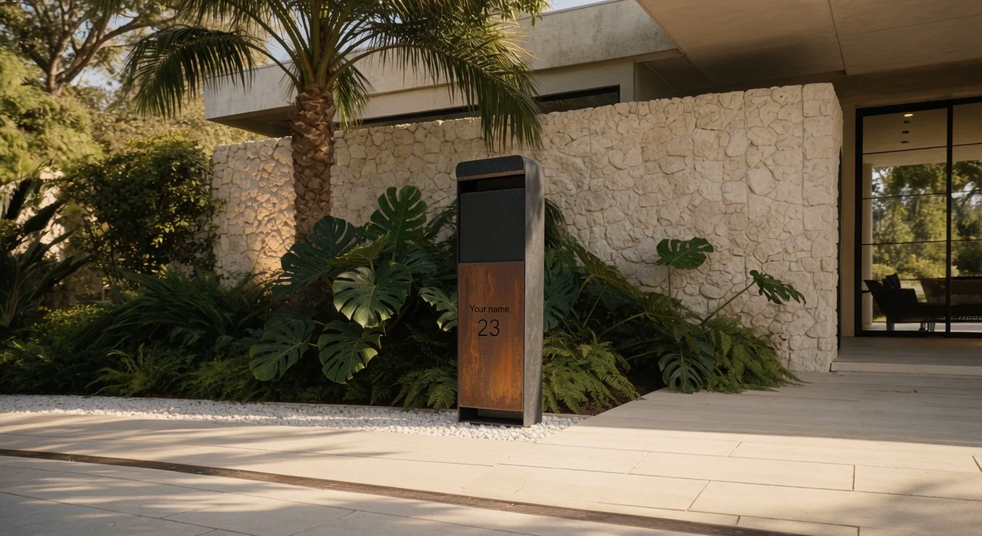Limentis letterbox in Corten steel, wide view, before a stone house edged with palm trees and monsteras