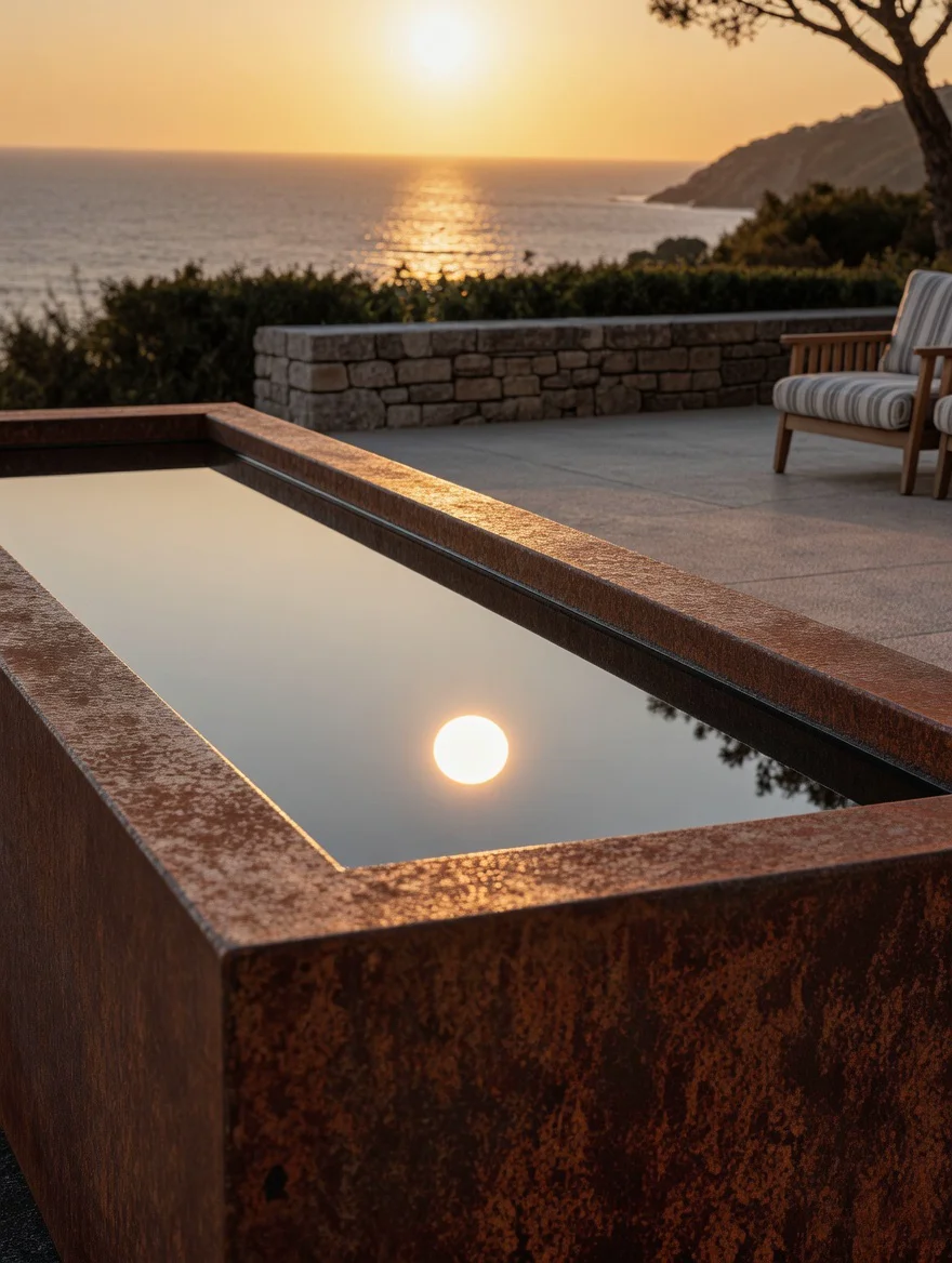 Narcissus · Rectangular reflecting pool in Corten steel, in context