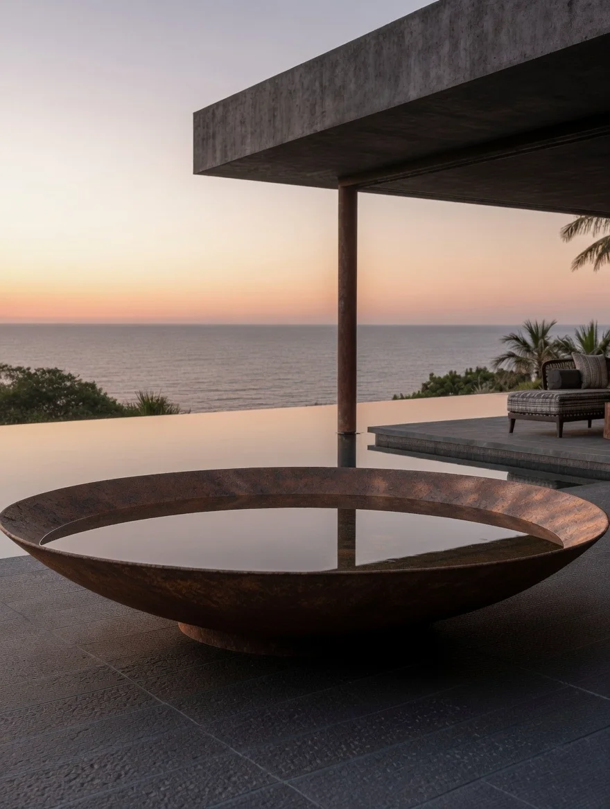Vasque d'eau Sélène en acier Corten au centre d'une terrasse dallée, piscine à débordement et palmiers au crépuscule