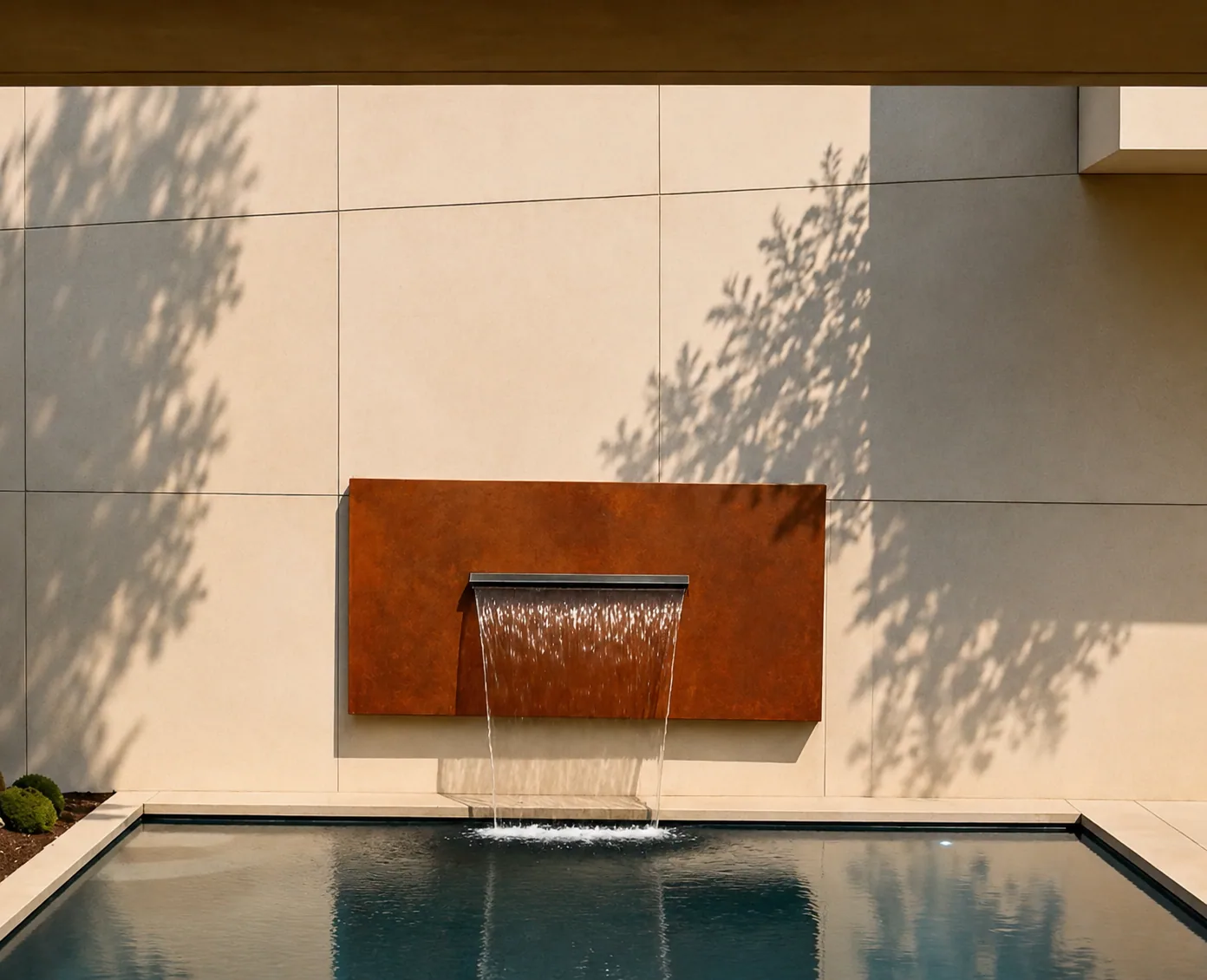 Lame d'eau murale Célestin en acier Corten fixée sur une façade claire, cascade tombant dans une piscine